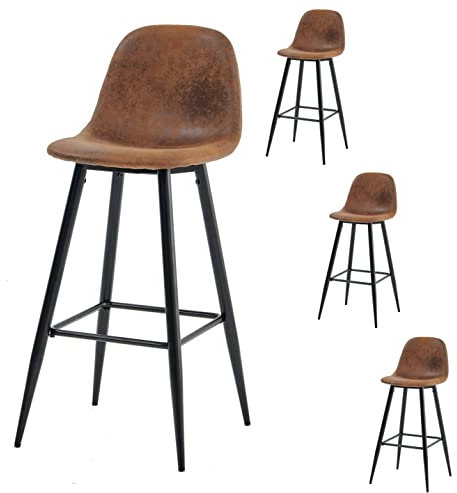 MEUBLE COSY Barhocker 4er Set Retro Barstuhl Vintage mit Rücklehne und Fußstütze aus Künstlich Wildleder Metallbeine für Bar Bistro Café Küche, Kunstleder, Braun