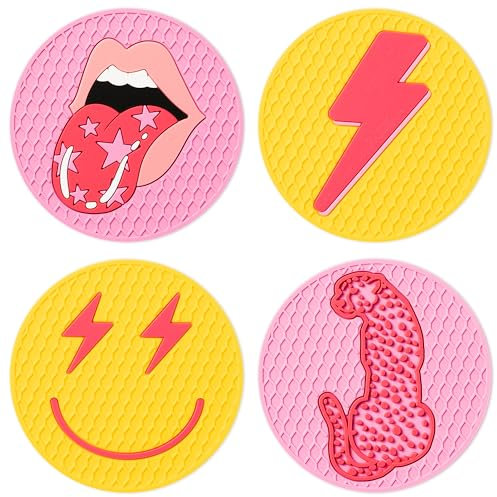 4 Stück Preppy Thema Getränke Untersetzer Set für Gläser Party Glas Untersetzer Rund Silikon Untersetzer Rosa Getränkeuntersetzer Tischuntersetzer für Getränke Tassen Bar Glas