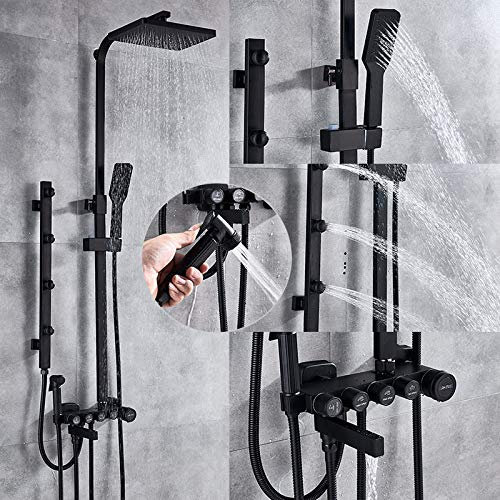 Mattschwarzes Chrom-Duscharmatur-Set Messing 5-Wege-Knopfsteuerung Mischbatterie SPA-Massagedüsen Dusche Bidet-Badewannen-Duschset,Mattschwarz