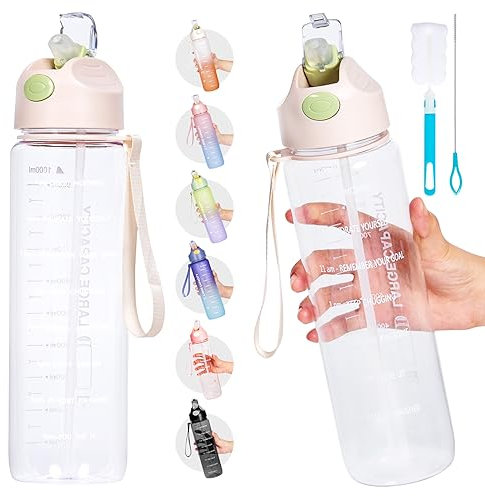 QCQHDU 1L Sports Water Bottle with Straw & Time Maker, Leak-proof, BPA-free Plastic Drink Bottle for Running Gym Cycling Office and School (White)