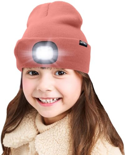 ATNKE Kids LED beleuchtete Mütze mit Licht, USB Wiederaufladbare 4 LED Scheinwerfer wasserdichte Winterwärmer Strick Nachthüte mit leichten Jungen Mädchen/Bean Paste Powder