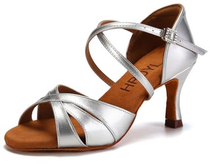 HROYL Tanzschuhe Damen Latein Salsa Tanzschuhe Damen Standard und Latein Satin Ballsaal,L3047-Silber-7,EU 38.5