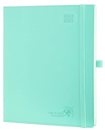 POPRUN Kalender 2025 Wochenplaner (Aug.2024-Dez.2025) Softcover mit PU-Leder, ca. A4 (26,5 x 21,5 cm), 17-Monate-Terminplaner 2025 1 Woche 2 Seite mit Zertifiziertem Papier - Mintgrün