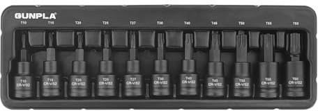 Gunpla 11pcs 3/8 Inch Torx Drive Impact Bits Socket Sets, Chrome Vanadium S2 Steel Star Heavy Duty Impacted Shallow Metric T10-T60 Bit Tools with Storage Tray