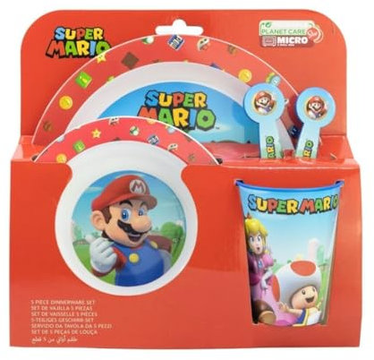 My sweety pop - Juego de vajilla para niños, juego de 5 piezas, plato, cuenco de cristal, tenedor – cuchara – Super Mario – Garcon