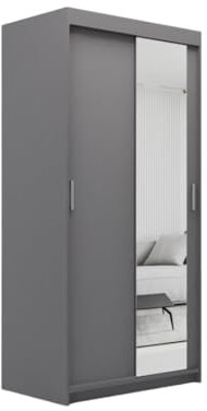 ELUKS OVI Double Sliding Doors Wardrobe with Mirror Furniture for Bedroom Living Room and Hall Wardrobe Organizer Width 100cm/120cm/150cm/180cm/200cm (Grey, 100cm)