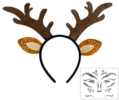 EUPSIIU Cerceau Bandeau Bois Renne, Tatouage Visage Renne, Serre Tête de Bois, Bandeau de Noël, Renne Antlers Bandeaux, pour Halloween, Pâques, Décoration, Costume Carnaval Femme Déguisement (Brun)