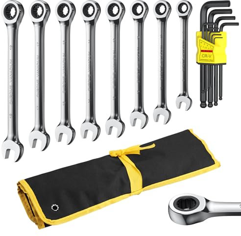 AMTOVL Juego de Llaves Combinadas de Trinquete, llave de Trinquete Métrica con 9PCS Juego de llaves Allen, 72 Dientes Construido con Cr-V Cromado para Bicicletas y Reparación de Mantenimiento 8-19MM