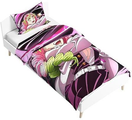 Kamado Tanjiro Nezuko Bettwäsche, 2-teiliges Anime-Bettbezug- und Kissenbezug-Set für Kinder, weiche Cartoon-Bettbezüge, Schlafzimmerdekoration (Einzelbett, 135 x 200 cm)