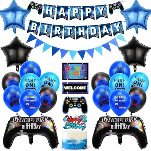 Gaming Birthday Decorations for Boy - Video Game Party Set With Controller Foil Balloons, Blue Happy Birthday Banner for Game Theme Party Supplies