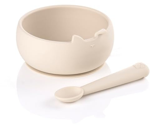 Jané Set Bol et Cuillère en Silicone, avec Ventouse, sans BPA, Compatible avec Stérilisateurs, Micro-ondes, Four, Beige