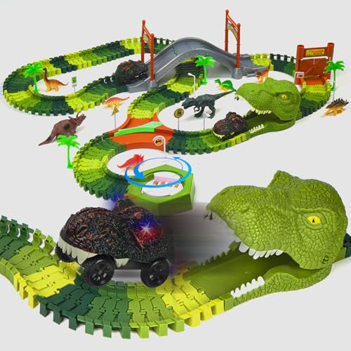 172 Stück Dinosaurier-Rennstrecken-Set für Kleinkinder, Dinosaurier-Autospielzeug, Flexible Autorennbahnen mit 2 Elektroautos und 8 Dinosauriern, für Kinder von 3 4 5 6 Jahren, Jungen und Mädchen