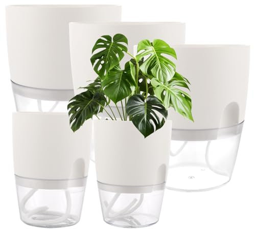 FWEEK 5 maceteros para hierbas con riego automático, 15,3 cm/10,5 cm/8,2 cm, de plástico con autoriego y almacenamiento de agua, juego de cocina para alféizar de ventana, cocina, color blanco
