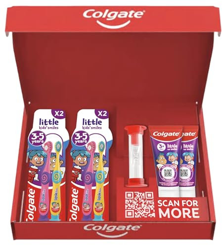 Colgate Kids Toothpaste Set 3+ Years - 2x Little Kids' Smiles Toothpaste 50ml, 4x Toothbrushes 3-5 Years, 2 Minute Timer - 4x Stronger Enamel, Super Soft Bristles