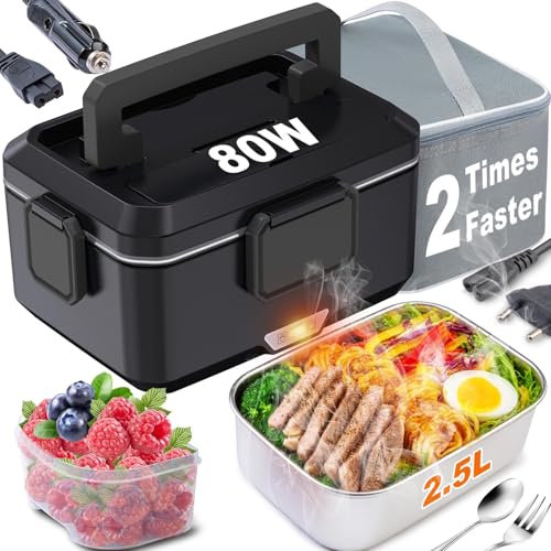 Kimfead Gamelle Chauffante 2,5L 80W Lunch Box Chauffante Boite Chauffante Repas Acier Inoxydable Détachable pour Voiture Camion Bureau 12v/24v/230v avec Sac(2.5L-Noir)