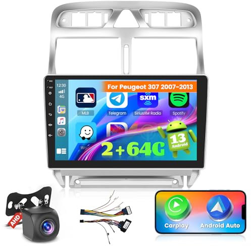 Ohradio 2G+64G Autoradio Android pour Peugeot 307 2007 2008 2009 2010 2011 2012 2013, Carplay Android Auto sans Fil, 2 DIN Écran Tactile de 9 avec WiFi GPS FM/RDS BT SWC+Caméra de Recul+MIC