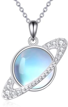 AINFQY Saturn Planeten Kette für Damen 925 Sterling Silber Saturn Planeten Anhänger Halskette Mondstein Schmuck Geschenk