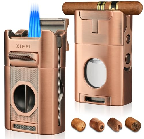 XIFEI 6 in 1 Desktop Zigarrenfeuerzeug, 4 Jet Flame Fackel Feuerzeug mit geradem Schnitt V-Cut Cutter, Dual Zigarren Punch, Zigarren Draw Enhancer, Zigarrenhalter, Nachfüllbare Butan Feuerzeuge mit