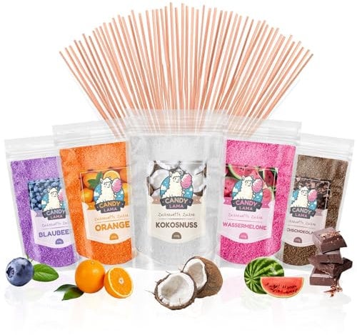 CANDY LAMA Zuckerwatte-Set, Partyset 5 x 250g: Blaubeere, Orange, Kokosnuss, Wassermelone, Milchschokolade, inkl. 50 Zuckerwattestäbe, 100% vegan, für Zuckerwattemaschine