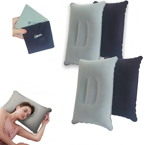 NOLACE 4 Stück Aufblasbares Kissen Camping, Kissen Reisekissen Aufblasbar Campingkissen zum Schlafen Ultraleichtes Beflockung Kopfkissen Strandkissen Aufblasbares Kissen (2 Stück blau + 2 Stück grau)