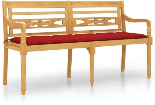 ULUYYUC Sitzbank Balkon Bierbank Gartenloege Garden Bench - Batavia-Bank mit Rotem Kissen 150 cm Massivholz Teak für Innenhof Balkon Terrasse Parks