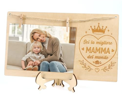DPKOW Cornice Portafoto con Mollette Legno - Regalo Mamma Migliore, Porta Foto Originale per Compleanno e Natale