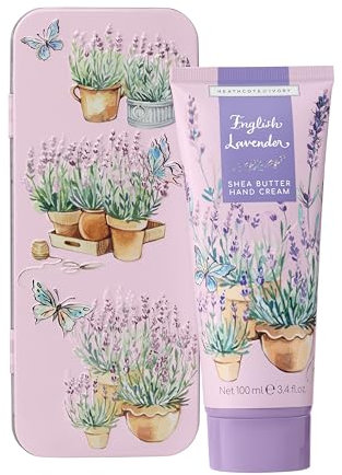 Heathcote & Ivory Handcreme 100ml in Dose mit Gratis Tester, Lavendelduft Handfeuchtigkeitspflege mit Sheabutter und Arganöl, Schönheitsgeschenk, Reisegröße, tierversuchsfrei und vegan freundlich