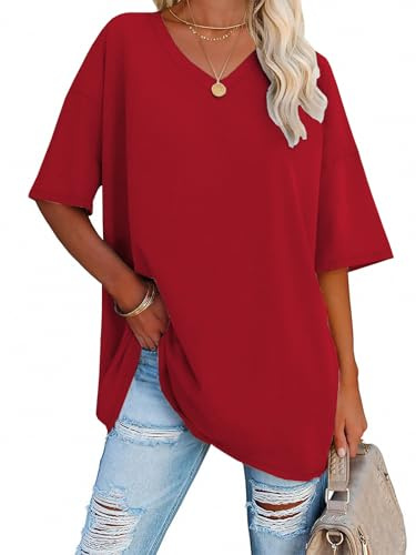 iudam Oversize T Shirt Damen mit V-Ausschnitt Sommer Longshirt Kurzarm Übergroße Oberteil Locker Sport Tops Casual Tee Shirts Blusen