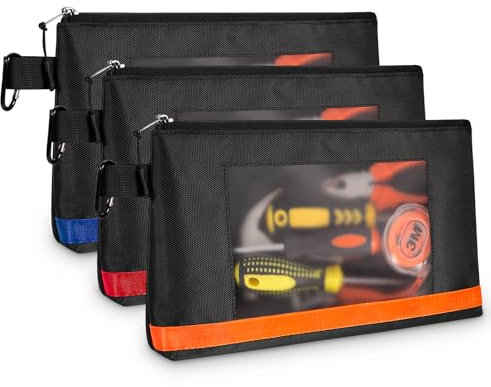 KENOBE 13 Tool Pouches with Zipper, Heavy Duty Small Tool Bag with Visible Window, Multipurpose Storage Utility Pouch for Tools, Gadgets, Cosmetics, Stationery, Travel Accessories, 3 Pack