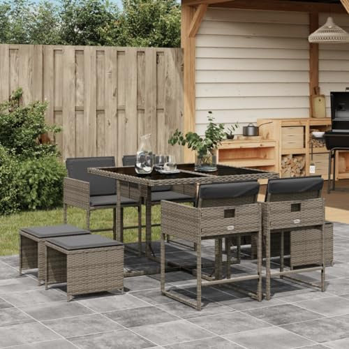 IKAYAA Rattan Gartenmöbel Set mit 8 Gartenstuhl Garten Sitzgruppe 8 Personen Polyrattan Sitzgruppe Essgruppe Outdoor Sitzgarnitur Gartengarnitur Rattanmöbel -Grau-9-tlg