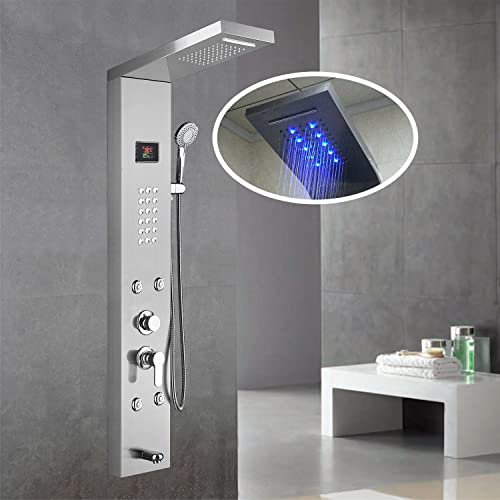 304 Stainless Steel Shower Panel Tower System with LED Waterfall Rainfall Shower Head Hand Shower 6 Function Jets and Bath Spout Silver