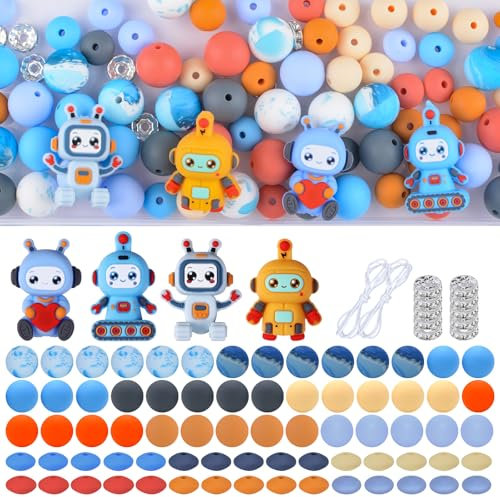 URROMA Lot de 76 perles en silicone sur le thème du robot 3D, perles focales en vrac colorées assorties pour loisirs créatifs, stylos, porte-clés, bracelets, colliers