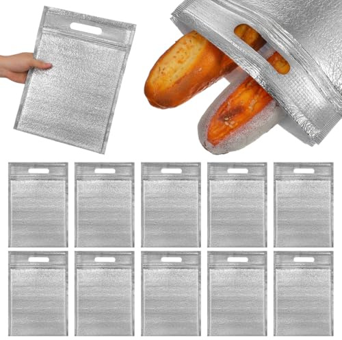 ibasenice 12 Pack Insulated Foil Food Pouches | Self-Seal Thermal Storage Bags 26 × 35 cm for Takeaway Meals, Sandwiches, Picnics and Travel, Silver