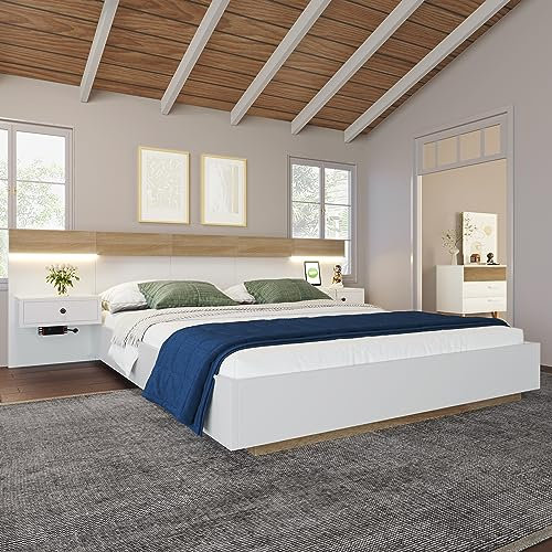OOIILLEE Lit 160x200 avec 2 Tables de Chevet LED et USB C, Lit Double 160x200 Convient aux Adultes et aux Adolescents, Lit en Bois Massif avec à Lattes, Cadre de lit Blanc (sans Matelas)