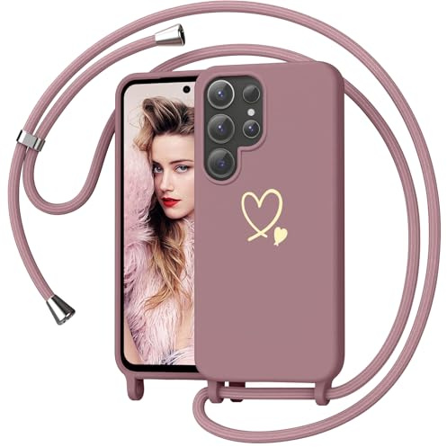 Yichxu Yichu Coque pour Samsung Galaxy S24 Ultra 5G avec Cordon, Souple Silicone Liquide Housse avec Collier, Réglable Lanyard Case, Motif Coeur d'amour Antichoc Etui Protection Cover, Rose
