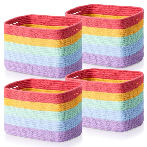 Homsorout Cotton Rope Storage Baskets for Shelves - 4 Pack Bathroom Woven Basket with Handles, Multicolor Blanket Organiser for Living Room for Laundry, Clothes, Towel - Rainbow
