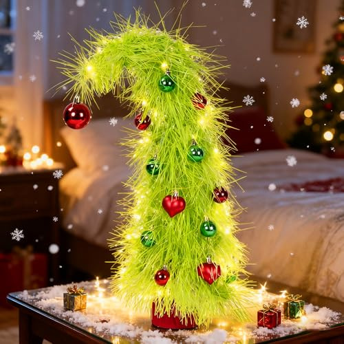 NEXSTRON Mini Christmas Tree 20″ Tabletop Grinch Tree with 13 Christmas Ornament, Whimsical Green Desk Christmas Tree Xmas Gifts for Friends and Family Christmas Decor Party Home Office Indoor