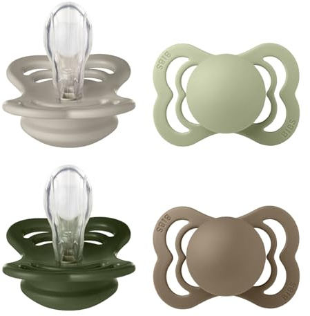 BIBS Supreme Schnuller, 0-6 Mon., 4er-Pack, Sand/Sage/Hunter Green/Dark Oak | Symmetrischer Sauger | Silikon | Größe 1 | BPA-frei | Hergestellt in Dänemark | Hohe Akzeptanz | Luftlöcher | Komfortschild