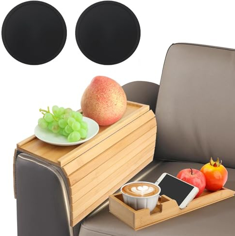 Tharvolex Bamboo Sofa Armrest Tray, 2-in-1 Detachable Couch Cup Holder & Armrest Table with Anti-Slip Pad, Foldable Bamboo Tray for Drinks, Snacks, Phones, and Remote Controls