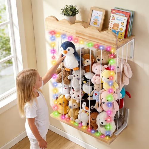 Eirolace Kuscheltier Aufbewahrung, Höhenverstellbares Wandregal mit LED Beleuchtung (60-170 cm), Stofftier-Aufbewahrung Groß für Kinderzimmer Spielzimmer Schlafzimmer