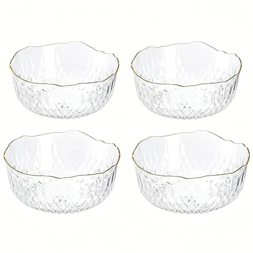 BSLVV 4 Pack Clear Salad Bowls with Gold Rim, 70 oz Large Plastic Serving Bowls, 9 Inch Reusable Mixing Bowls for Fruit, Snacks, Popcorn, Party Catering & Picnic