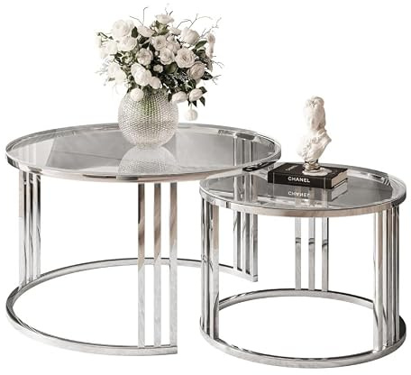 Lookway Couchtisch Lori 2in1 Glass runder Couchtisch mit Silber Chrom Gestell (Chrom/Glas)