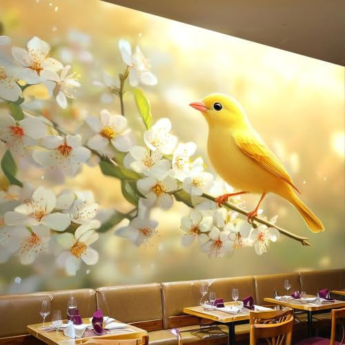 Kinderzimmer Fototapete 250 x 180 cm Vögel Kleiner Gelber Vogel Vlies Tapete Blumen UV-beständig Wohnzimmer Schlafzimmer Wandtapete