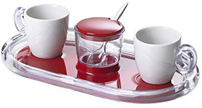 Omada Design Set 2 Tazzine Caffè in porcellana con Vassoio, Zuccheriera e Cucchiaino in acrilico trasparente, Made in Italy, Linea Crystal, Rosso