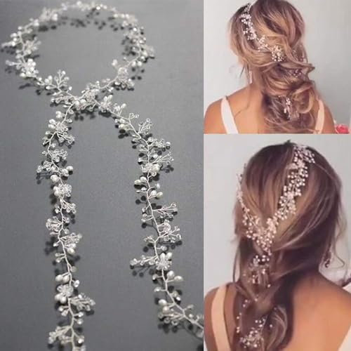 Yean Bride Wedding Hair Vine Silver Long Rhinestone Headband Pearl Hair Piece Bridal Hair Accessories for Women and Girls