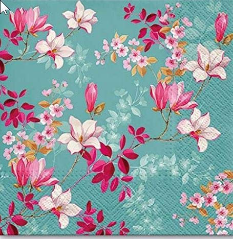 20 Servietten Magnolien auf blau/Blumen/Frühling/Ostern 33x33cm