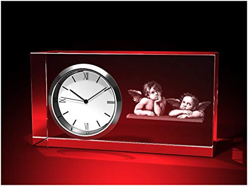 GLASFOTO.COM, Raffael Engel Uhr, Glas eckig, 95 x 50 x 35 mm, Kristallglas 3D Innengravur in Premiumqualität