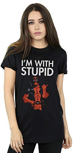Marvel Women's Deadpool I'm with Stupid Boyfriend Fit T-Shirt Black Large