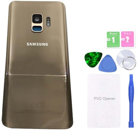 MovTEK Akkudeckel Backcover Rückseite Glas Original Ersatz für Samsung Galaxy S9 G960F Gold Reparatur Set mit Kleber Kameraglas
