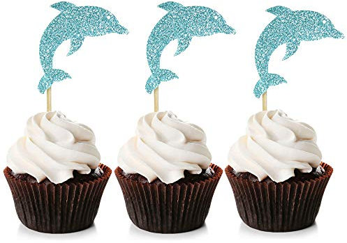 Unimall Global 24Pcs Glitter Blue Dolphin Cupcake Topper Meeresthema Cupcake Picks für Babyparty Meeresthema Geburtstagsfeier Dekoration Zubehör